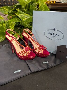 Prada Women's Red Studded Platform Slingback Heels
